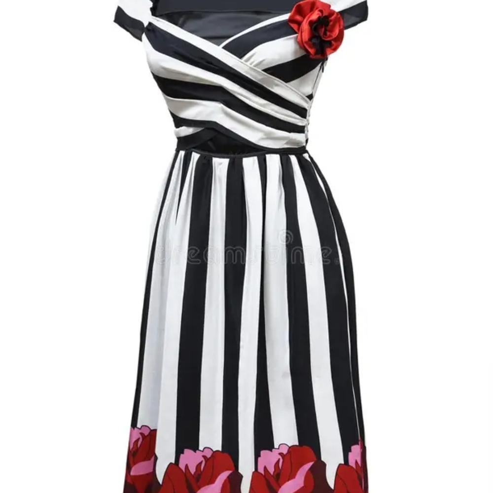 Anna Sui Black and White Fit and Flare Dress Off the Shoulder